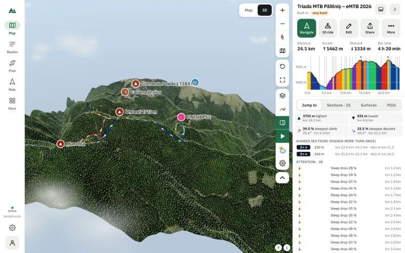 A mountain-bike route as a coloured ribbon over 3D terrain with satellite imagery and forests
