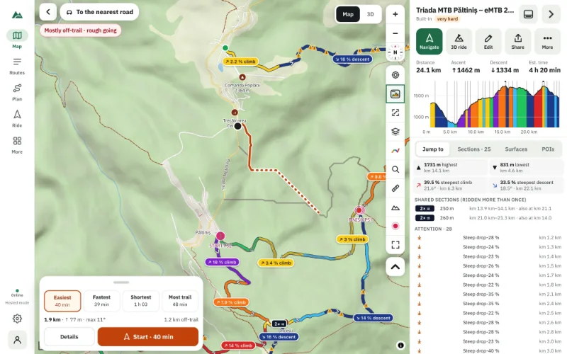 Emergency mode — the way to the nearest road drawn on the map, with distance, time, climbing and warnings