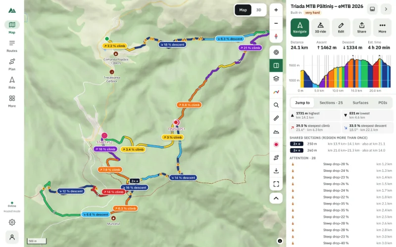 A mountain-bike route on the 2D map with its sections coloured and the route panel