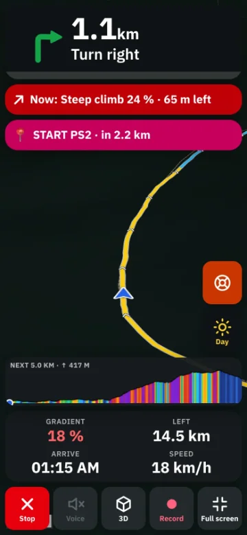 Bike GPS at night on a phone — a dark map and dark panels with the next turn