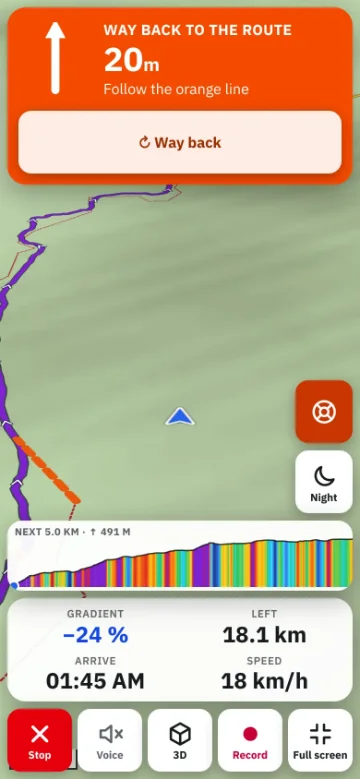Bike GPS on a phone showing the off-route warning, the distance back to the route and an arrow