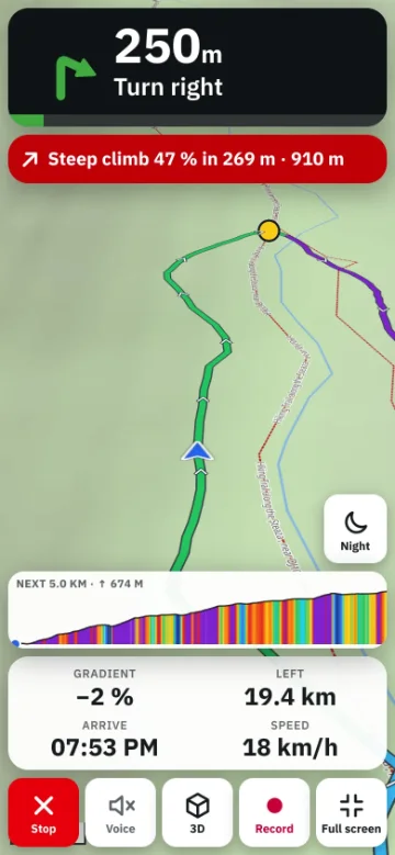 Bike GPS on a phone — the next turn with its distance, the map turning with you and the route ahead