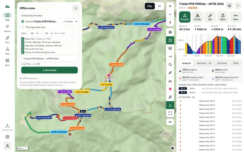 The offline areas panel — a corridor around the route, what to download, zoom levels and size
