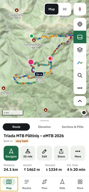 TrailScout on a phone — a route on the map with the route panel