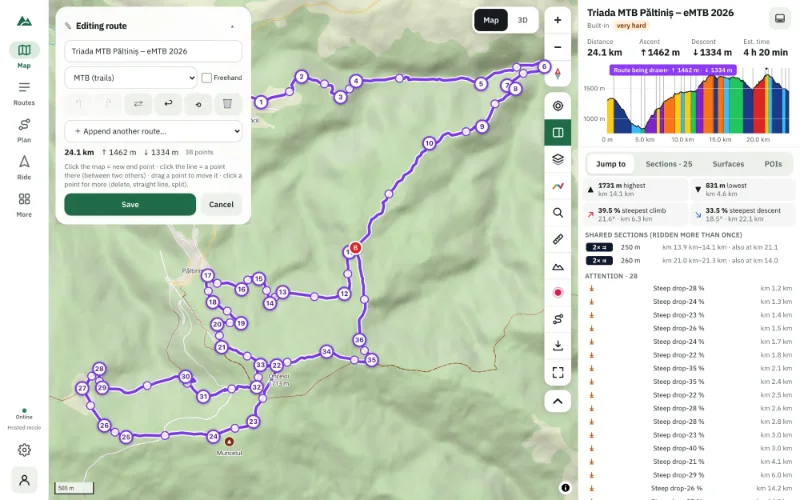 Editing a mountain-bike route in the route builder — waypoints and legs on the map, the builder panel on the side