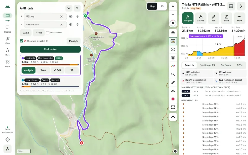 A→B route suggestions on the map in different colours, with cards comparing distance, climbing and time