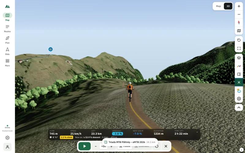 Ride mode in 3D — a rider on the trail with the gradient, the height and the next climb on screen