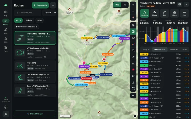 A mountain-bike route on the map with its elevation profile, sections and statistics in TrailScout (dark theme)