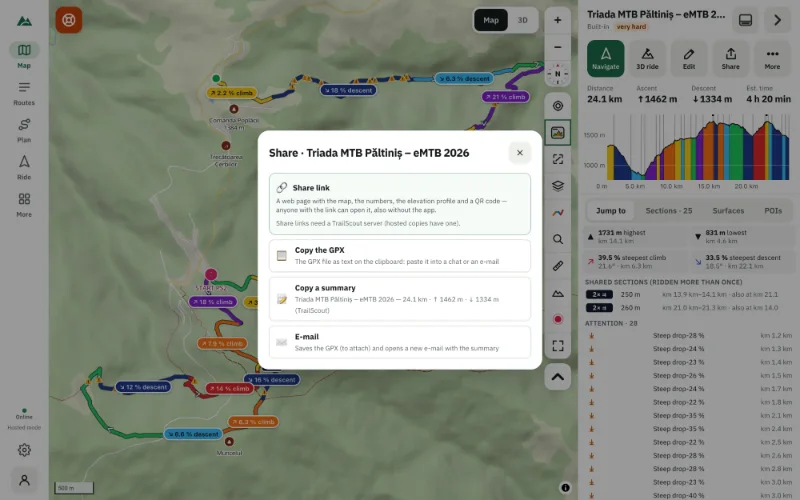 The share dialog for a route — download GPX, share, copy the GPX, copy a summary, e-mail